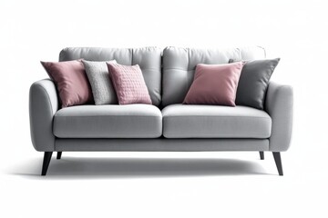 Studio shot showcases a cozy grey sofa with pastel pillows, ideal for home decor and interior design concepts on a white background
