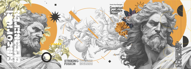 A painting with ancient Greek gods. Antique style. Vector banner. Sculptures of gods on the background of orchards. Vectorized watercolor paintings for the interior.