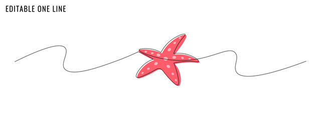 One continuous line drawing of a starfish. Vacation, spa and travel concept. Editable stroke, simple doodle design, vector illustration