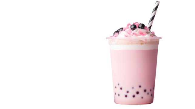 Strawberry bubble tea with boba and cream, refreshment, cut out transparent - Powered by Adobe