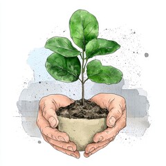Gentle Hands Holding a Potted Plant Watercolor Illustration
