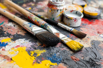 Obraz premium Close-up view of paint cans and brushes displaying vibrant colors on a messy workspace