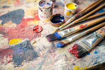 Obraz premium Colorful chaos with paint cans and brushes on a wooden surface in an artist's studio