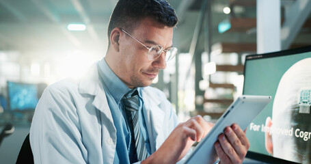 Laboratory, man or science with tablet for research, brain information or results for microchip...