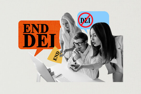 Composite trendy magazine photo collage of puzzled business people girls guy sit laptop notification bubble end dei problem
