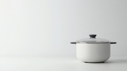 A minimalist slow cooker with a glass lid, placed on a clean white background with space available