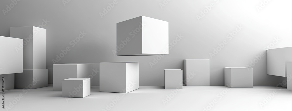 Poster minimalist display features a white box on three smaller boxes, surrounded by spheres against a clea