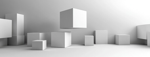 Minimalist display features a white box on three smaller boxes, surrounded by spheres against a clean, simple background.