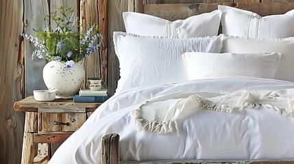 A cozy bedroom with a bed and rustic bedside decor