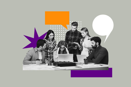 Fototapeta Artwork collage template composite sketch of group team office manager man lady talk speech cloud entrepreneur job worker hiring vacancy