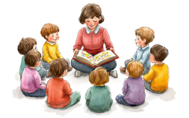 A Teacher Reading a Storybook to a Circle of Young Students isolated on white background PNG