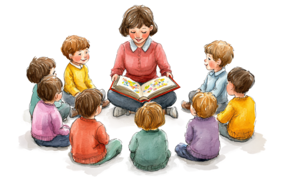 A Teacher Reading a Storybook to a Circle of Young Students isolated on white background PNG