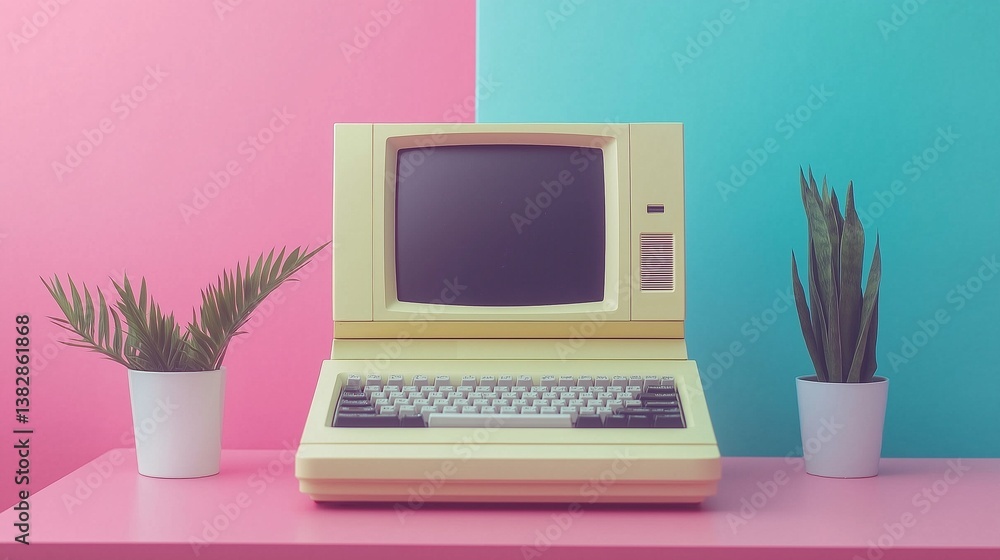 Poster a pastel personal computer with an integrated monitor and keyboard.