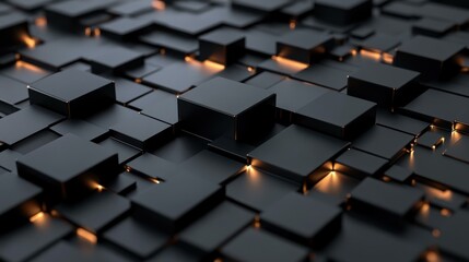 Abstract Black Cubes Surface with Golden Edges and Gaps, Modern Dark Background with Geometric Pattern and Subtle Lighting