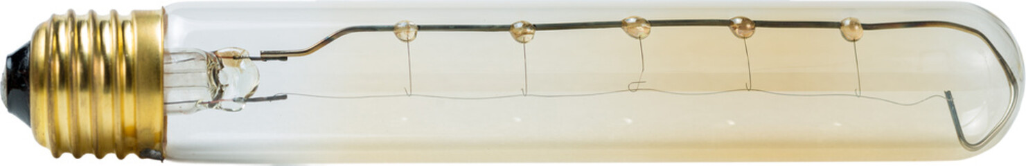 Edison bulb on white background. Vintage light bulb with golden base.