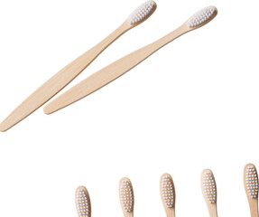 Set of ECO friendly wooden bamboo toothbrushes. Save the planet or NO plastic concept. Isolated on white background.