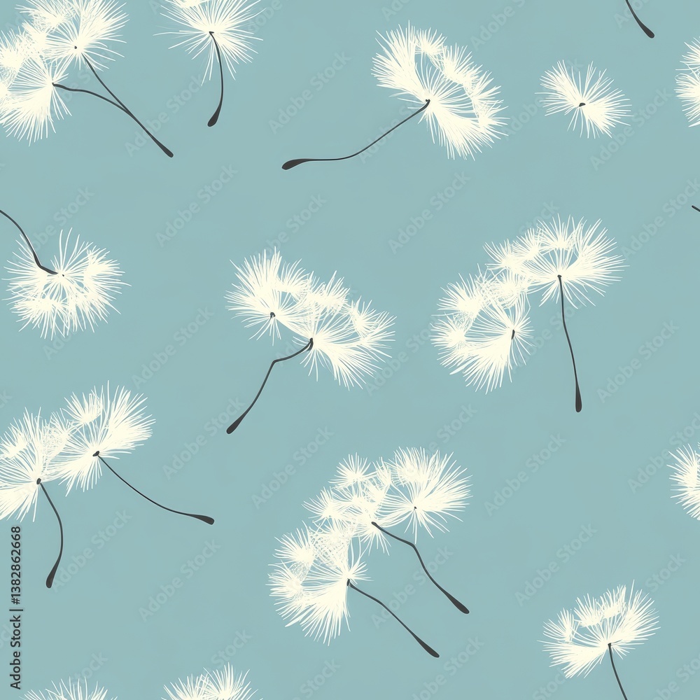 Poster delicate seamless pattern of dandelion fluff on a soft blue background