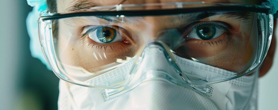 Doctor in hospital wearing surgical mask and goggles in close-up shot