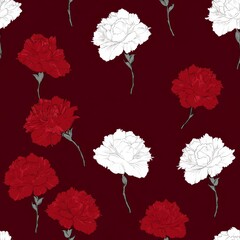 Fototapeta premium Seamless Floral Pattern Featuring Red and White Carnations on a Dark Burgundy Background