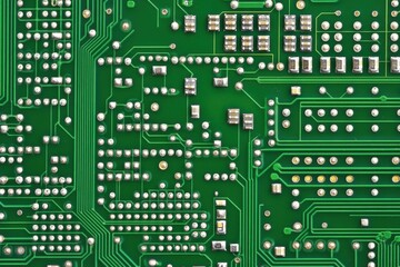 Close-up of a green circuit board with intricate traces, silver solder points, and surface mount components