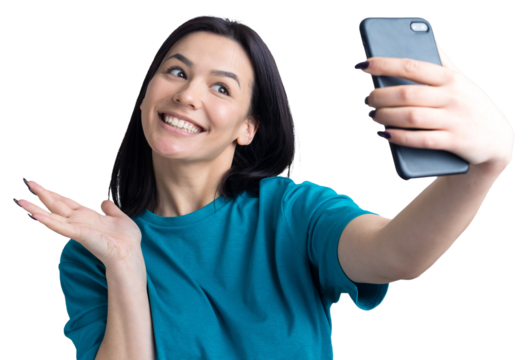 Portrait of a pretty girl taking a selfie isolated over grey background
