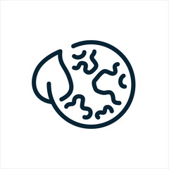 Earth globe and plant Leaf. Vector graphic icon. Green energy, eco-friendly products, Earth is our home. Editable stroke lines.