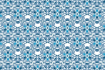 classic seamless blue ornamental pattern with intricate botanical motifs for premium home textiles and decor

