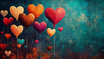 A whimsical abstract painting with floating heart-shaped balloons on a dark teal background, perfect for Valentine's Day, Mother's Day, or romantic celebrations.
