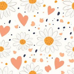 Seamless Floral Pattern with Daisies and Hearts on a Light Cream Background