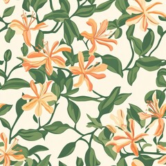 Seamless Floral Pattern with Vibrant Orange and Yellow Flowers Among Lush Green Leaves on a Soft Cream Background