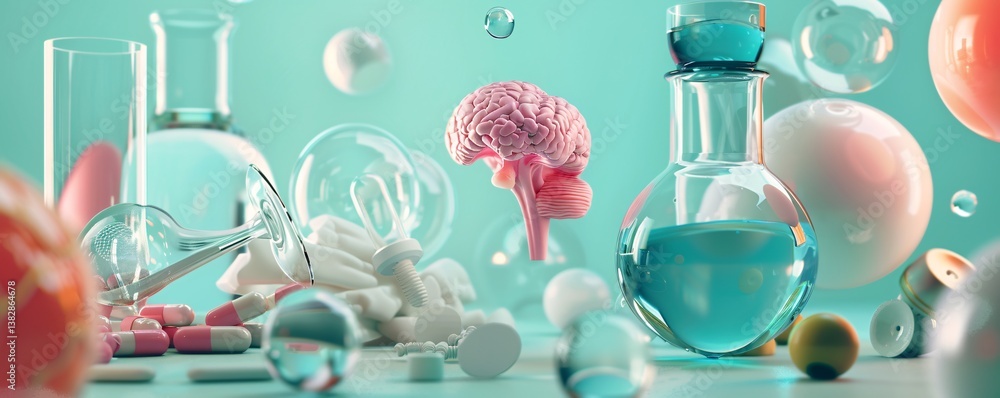 Poster 3d rendering of a human brain surrounded by laboratory glassware, pills, a lightbulb and abstract shapes