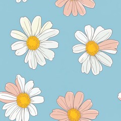 Seamless Pattern Featuring Daisies with White and Pink Petals on a Soft Blue Background