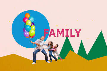 3D collage design composite trend artwork sketch of family springtime festive air balloons aged man...