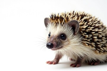 Close-up of a hedgehog's quills and face against stark white backdrop , animal, isolated, fur