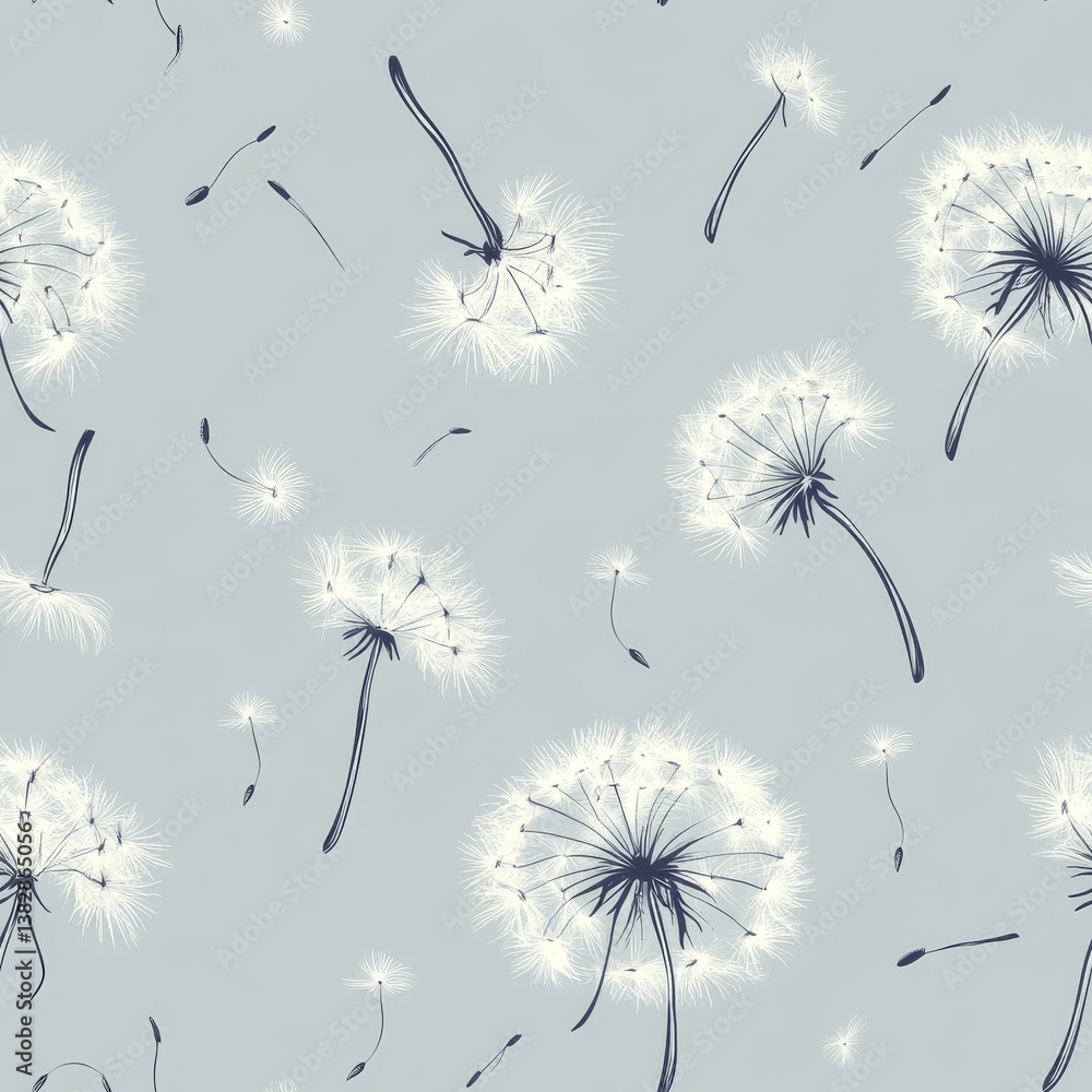 Poster Seamless Pattern of Dandelion Flowers on a Soft Blue Background Creating a Calming Nature Inspired Design