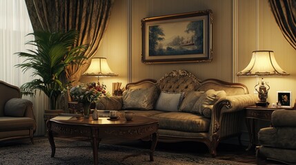 A cozy hotel lounge with antique furniture and soft ambient lighting.