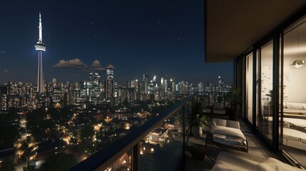 A cozy high-rise apartment balcony overlooking the Toronto skyline at night.
