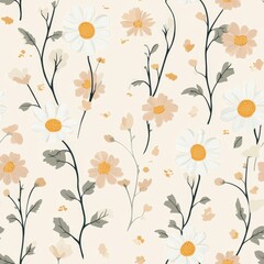 Seamless Pattern of Delicate Flowers with Soft Orange Centers on a Light Beige Background