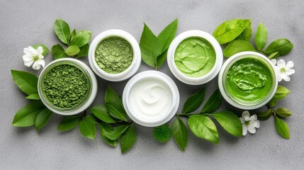 Obraz premium Green Beauty Products Jars of Creams, Masks, and Powders with Leaves and Flowers