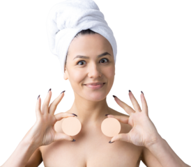 Beauty portrait of woman in white towel on head with a sponge for a body in view of a pink heart. Skincare cleansing eco organic cosmetic spa relax concept.