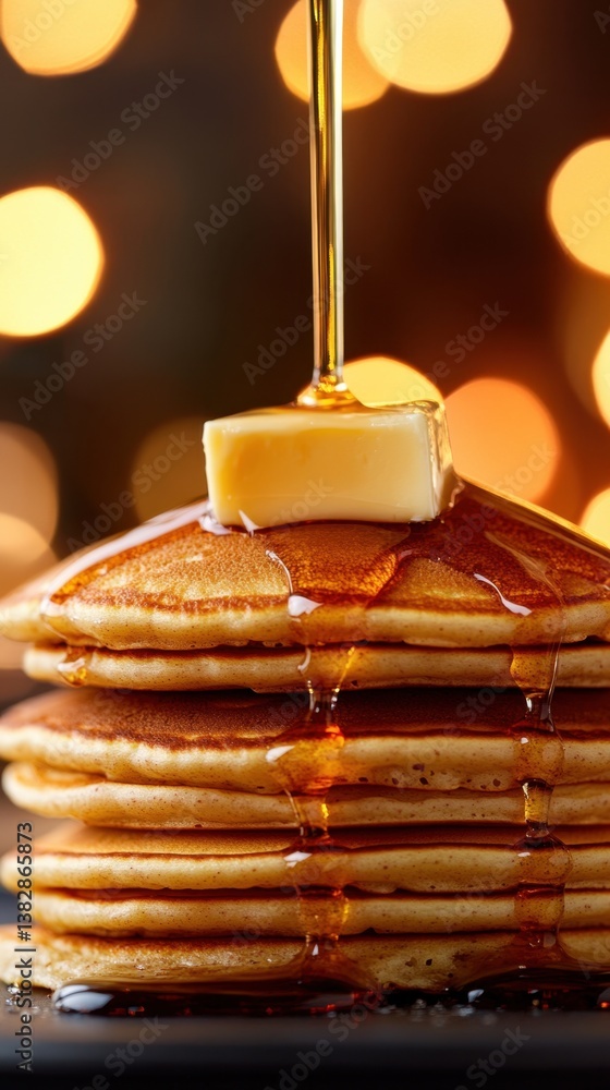 Poster golden syrup cascade over fluffy pancakes with melting butter against a bokeh background creating a 