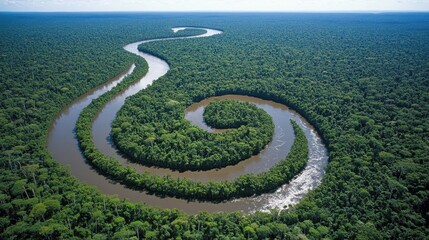 A dramatic aerial view of the Amazon Rainforest, highlighting its dense greenery.