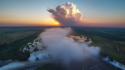 Fototapeta premium A dramatic mist cloud rising from Victoria Falls, illuminated by the golden sunrise.