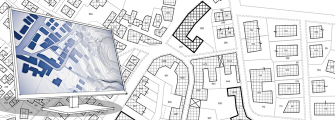 Imaginary Cadastral map eand General Urban Plan concept - Zoning regulations with zoning districts, urban destinations, land use, buildable areas and land plot
