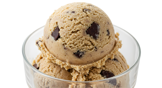 Close up shot of a glass bowl filled with scoops of chocolate chip cookie dough ice cream dessert treat