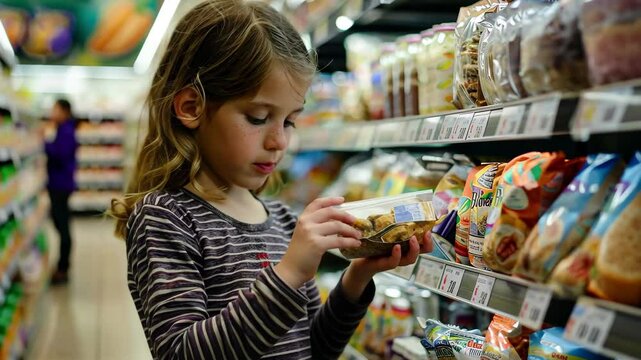 A young girl inspects a container of snacks while standing in a grocery store aisle, focused on her selection among various items on the shelves.