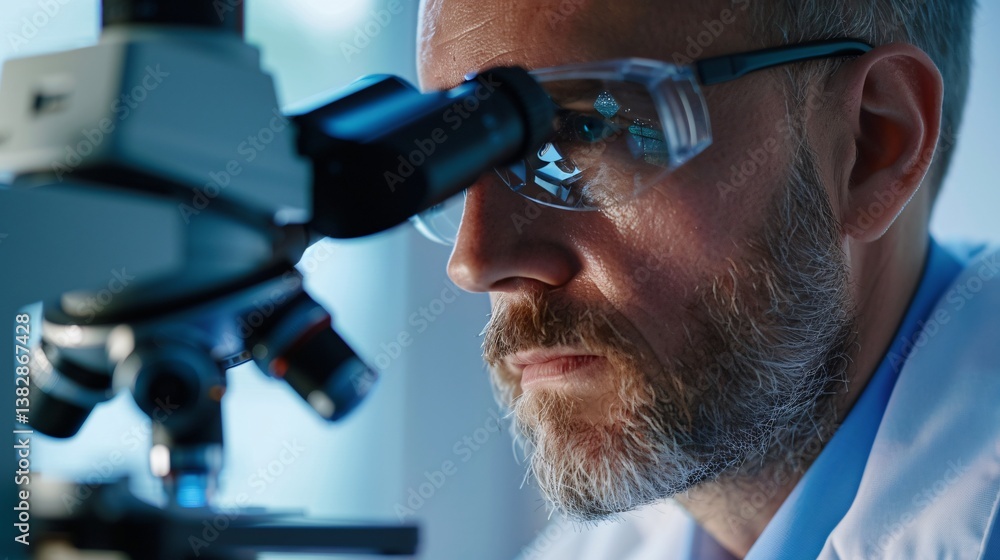 Poster scientist conducting important research in a modern laboratory, looking through microscope in close-