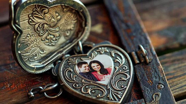 A beautifully designed heart-shaped locket sits open on an antique wooden surface, displaying a video of a couple, evoking memories of love and cherished moments.