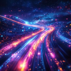 Obraz premium Luminous cosmic road with vibrant neon lights and sparkling particles against a dark starry sky abstract futuristic style