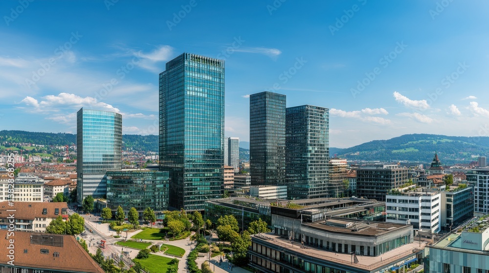 Aufkleber a high-angle view of zurichs financial district with modern architecture and green spaces.